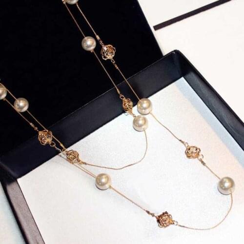 Luxury hollow camellia pearl long necklace sweater chain collane rose flower necklace for woman