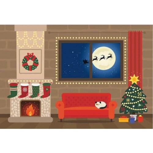 Christmas Backdrop Cartoon Fireplace Sofa Photography Background Happy Holiday New Year Xmas Party Decor Photo Booth Studio Prop