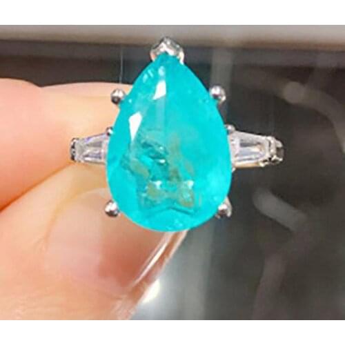 Charms 925 Sterling Silver Water Drop 10*14mm Paraiba Tourmaline Emerald Quartz Rings For Women Zircon Cocktail Party Jewelry