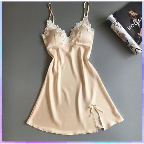 Silk Night Dress Women Sleepwear Nightgowns Sexy Nightwear Lace Patchwork Camisola Lingerie Nightgown Wedding Nightdress Clothes