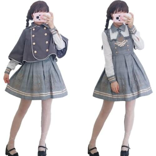 2pcs Japanese School Uniform Style Girls Lolita Harajuku Cloak Cape Coat and Pleated Plaid Short Mini Dress Set Cosplay Costume