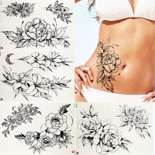 Pencil Sketch Women Waist Tattoos Stickers Body Arm Painting Neck Black Girls Tatoos Temporary Bracelet Leaves Tattoo Waterproof