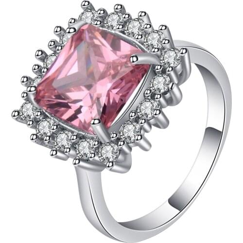 UFOORO fashion pink cz wedding ring for women big square crystal cute princess jewelry silver filled band bride engagement gift