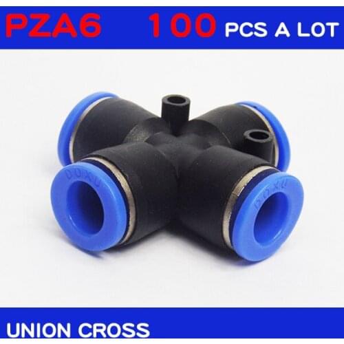 HIGH QUALITY 100Pcs a lot PZA6, 6mm 4 Way Cross Style Pneumatic Tube Push in Quick Fittings PZA6, pneumatic connectors