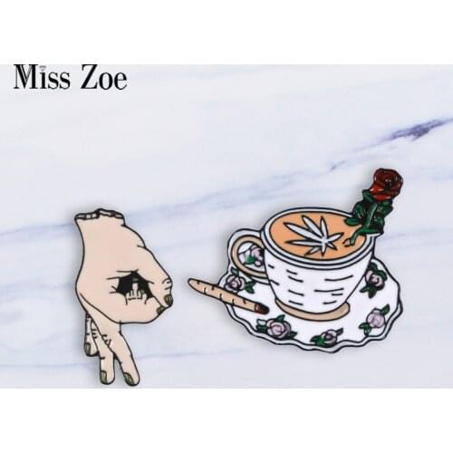 Funny Middle Finger Rose Coffee Enamel pin OK brooches Bag Clothes Lapel Pin Button Badge Cool Jewelry Gift for friends