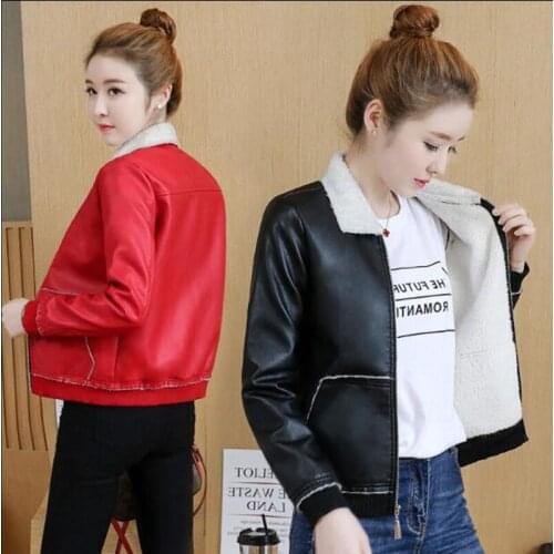 New Add velvet fur one lamb fur PU leather jacket frock coat women leather jacket biker jacket winter coat women punk shearling