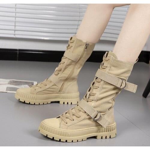 Women Nakle Boots Canvas Round Toe Mid Heel Boots for Woman Fashion Platform Lace Up Shoes Botas Mujer Size 35-40