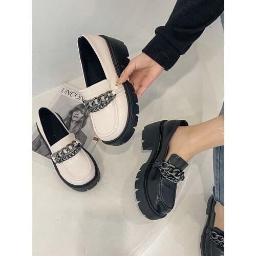 Metal chain ladies small leather shoes spring and autumn retro British style high-heeled platform casual shoes fashion