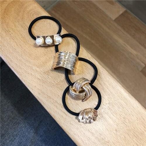 Gold Alloy Hair Ties for Women Vintage Pearl Shell Hair Ropes Girl Black Elastic Rubber Bands