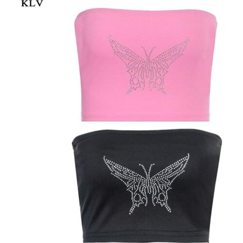 Women Sexy Strapless Bandeau Bra Glitter Butterflies Hot Drilling Rhinestone Wrapped Chest Tube Top Bustier Clubwear