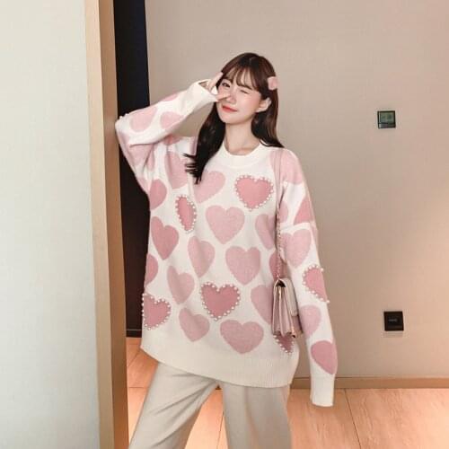 Peach Heart Beaded Sweater Women Blue Sweet Wind Loose Long-sleeved Fashion Student Pullover Knitted Sweater Female 2021 Spring