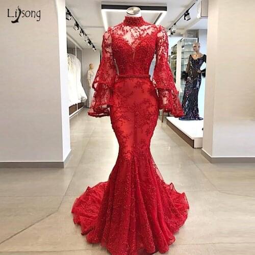 Luxury Dubai Red Lace Pearls Mermaid Prom Dresses 2019 With Puff Full Sleeves High Colar Long Prom Gowns Robe De Soiree Longue
