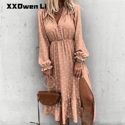 Casual Dot printing Lantern Sleeve Buttons Sexy Side split maxi dress For Women Office Lady Ruffles Woman long dreses Vacation