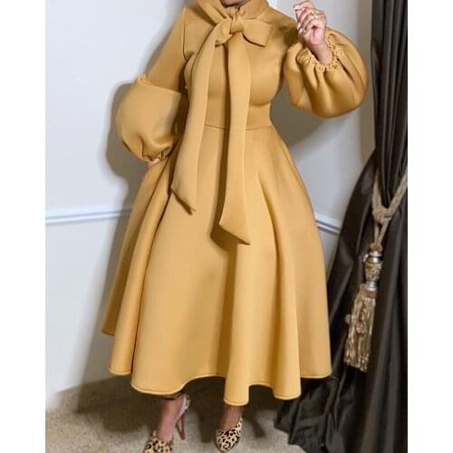 Women Dress High Waist A Line Long Lantern Sleeves with Bowtie Collar Midi Party Celebrate Event Occasion Vestidos Female Robes