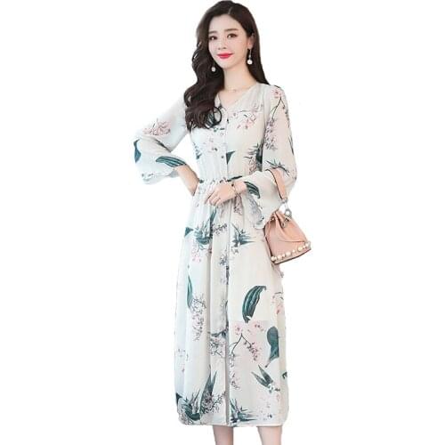 Fashion Printed Chiffon Dress Women 2019 Summer Long sleeve Vintage Dresses Female Belt Slim V-neck Plus size Long Dresses H788