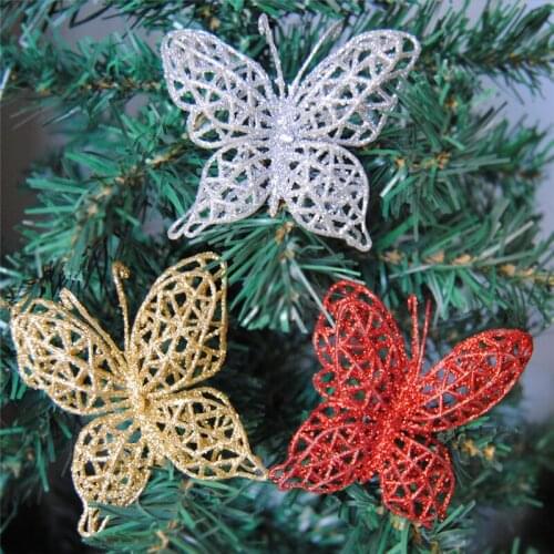10PCS 7cm Christmas Artificial Glitter Hollow Butterfly For Home Christmas Party Decoration Xmas Tree Ornament Supplies 9zHH187