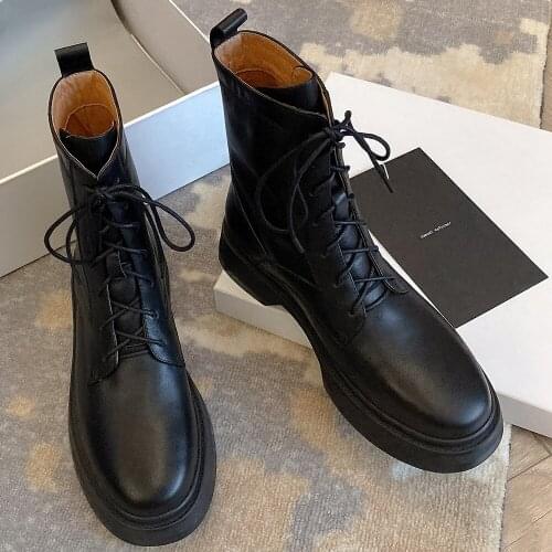 Womens genuine leather lace-up martin boots thick sole platform flats Motorcycle boots round toe punk short booties soft shoes