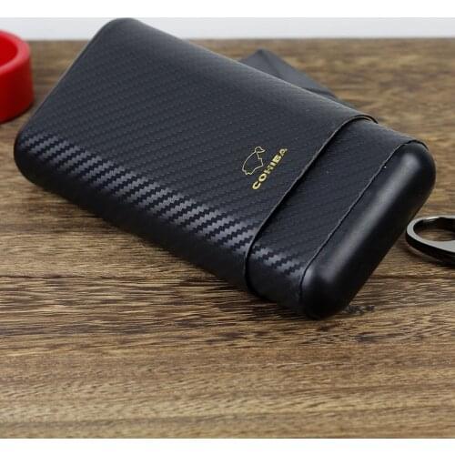 Carbon Fiber Cedar Wood Travel Leather Case Portable Cigar Humidor Accessories 3 Tubes With Cutter