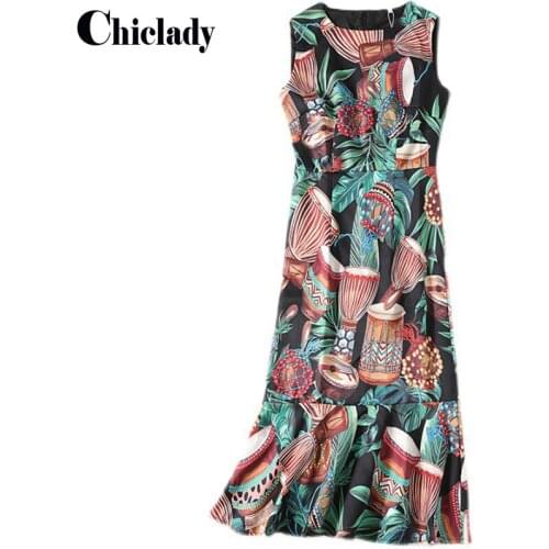 CHICLADY elegant sleeveless summer holiday floral kleid women casual large size tropical printed midi slimy dress female boho