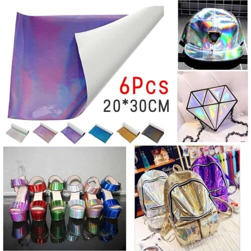 6Pcs 30*20cm Holographic Mirrored Metallic Vinyl Faux Leather for Sewing Women Bag Dress Fabric Craft DIY