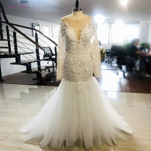 Julia Kui Luxury Skin Nude Mermaid Wedding Dresses With Lots of Pearls and Rhinestones Full Sleeve Bridal Dress