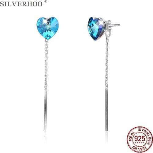 SILVERHOO 925 Sterling Silver Drop Earrings Women Austrian Crystal Romantic Heart-Shaped Long Girl Earring Anniversary Jewelry
