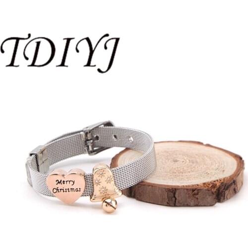 TDIYJ Christmas Gift Merry Christmas Bell Slide Charms Stainless Steel Mesh Bracelet For Women Jewelry 1Set