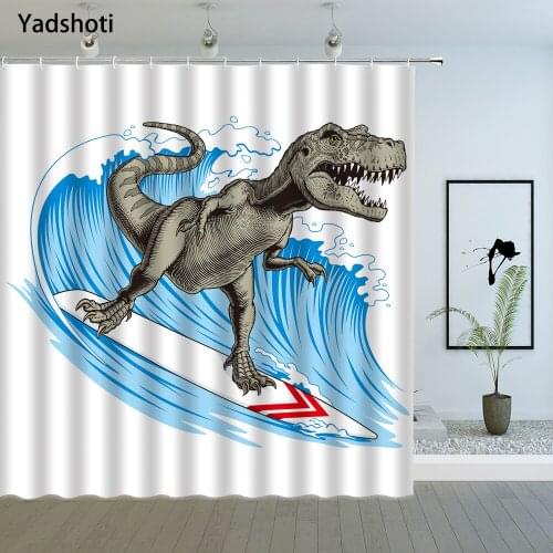 Cartoon Dinosaur Shower Curtains Funny Animals Surfing Sea Wave Bathroom Decor Cloth Hanging Curtain Set With Hooks