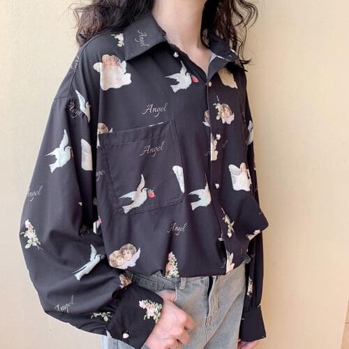 Harajuku Angel Print Womens Shirt Vintage Elegant Blouse Women Autumn 2020 Lantern Sleeve Female Clothes Loose BF Shirt