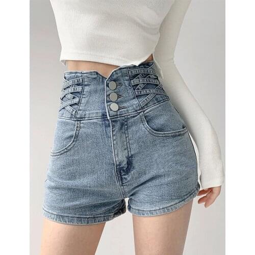 Girls High Waist Cross Super High Waist Jeans Shorts Womens Loose Wide Leg Push Hip Short Hot Pants