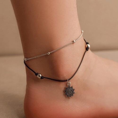 Vintage Boho Multi Layer Beads Anklets For Women Fashion Sun Pendent Anklet Handmade Chain Foot Party Jewelry