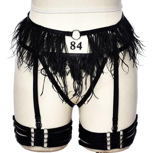 Black Feather Tassels Leg Garter Hollow Sexy Adjustable High Waist wedding Goth Garter Women Fashion Bondage Body Harness Cage