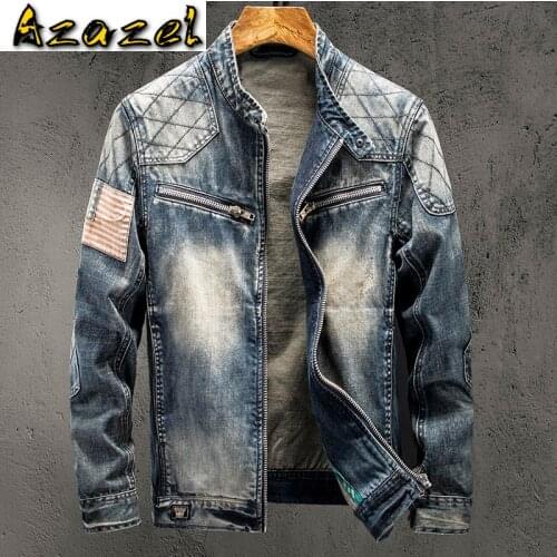 Personality Mens Denim Jacket Overcoats American Style Fashion Mens Denim Jacket Coats Plus Size XXXL Automotive Streetwear A814