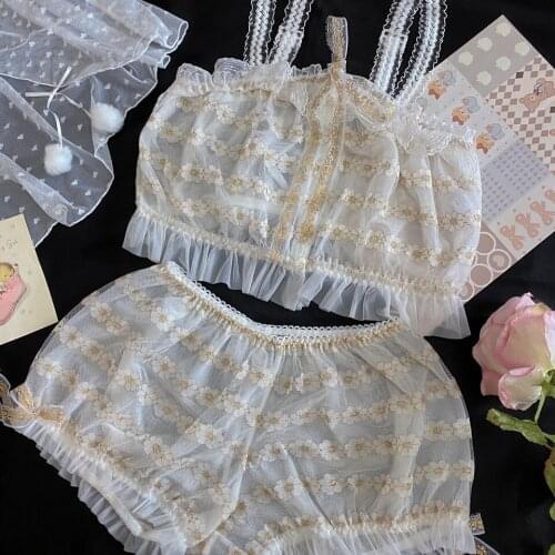 Honviey Embroidery lace girl vintage seamless flower private night gown suit transparent sexy pajamas mesh thin bra set
