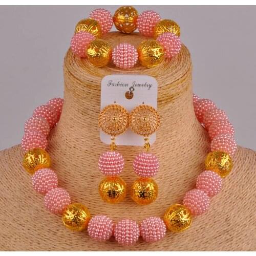 New Peach Imitation Pearl Wedding Jewelry Set, Nigerian Wedding, Fashion Ladies African Handmade Beaded Set XX-44
