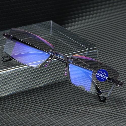 Anti Blue Light Rimless Reading Glasses Square Frameless Presbyopic Glasses For Women And Men With Diopters +1.0 To +4.0