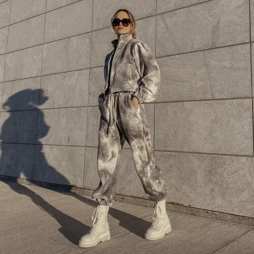 Autumn and Winter New Style Tie-dye Sweater Suit Short Zipper Stand-up Collar Sweater Loose Trousers Leisure Two-piece Suit