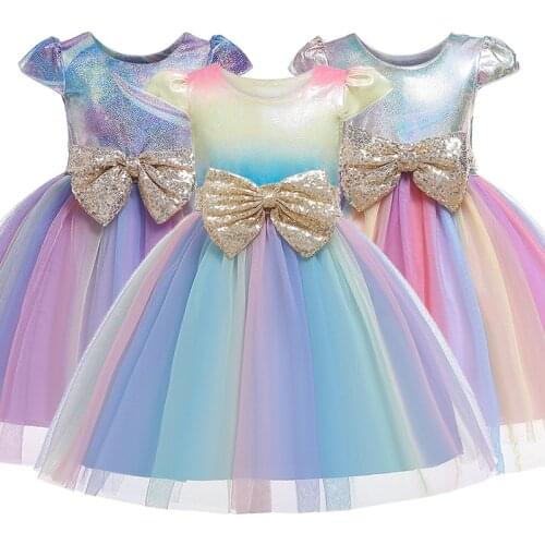 2019 New Listing Bow Dress for Girls Color Yarn Cute Princess Dresses Girls Round Neck Short Sleeve Evening Party Dresses