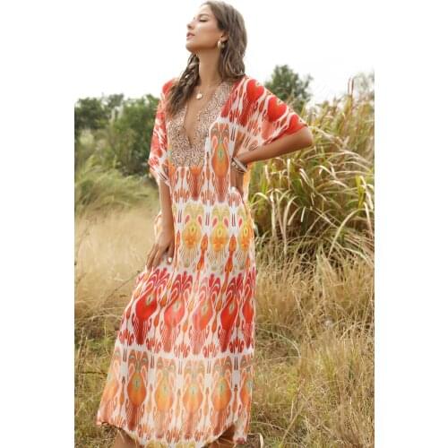 Popular Vintage printed bat mid sleeve V-neck holiday Bohemian loose robe dress