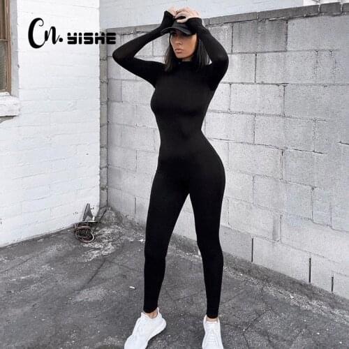 CNYISHE Casual Skinny Black Long Jumpsuits Women Rompers Long Sleeve Workout Active Wear Bodycon Jumpsuit Fitness Fashion Autumn