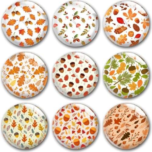 Handmade Thanksgiving Maple Leaf Pine Nuts Fall Round Photo Glass Cabochons Demo Flat Back DIY Jewlery Making Findings Accessory