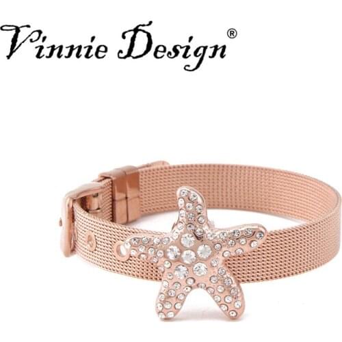 Vinnie Design Jewelry Stainless Steel Mesh Bracelet Set with Big Size Crystal Starfish Slide Charms