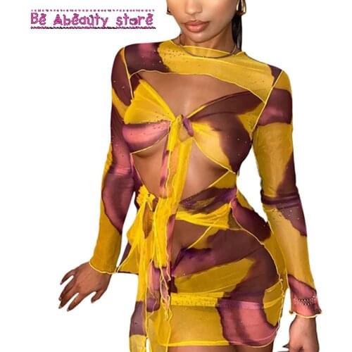 Vintage E-Girl O-Neck Perspective Long Sleeve Dress Y2k Aesthetics Printing Sexy Hollow Out Bandage Front Party Slim Dresses