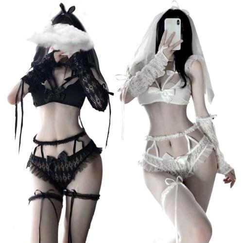 Women Erotic Wedding Bride Uniform Lingerie Bowknot Bra Pantie Underwear Mesh Veil Lolita Ruffles Cosplay Nightwear