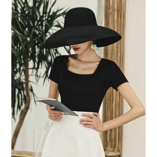 Knitted T-Shirt Women Summer 2020 Korean Style Vintage Square Collar Slim Short Sleeve Tops Black Knitwear tee shirt femme T479