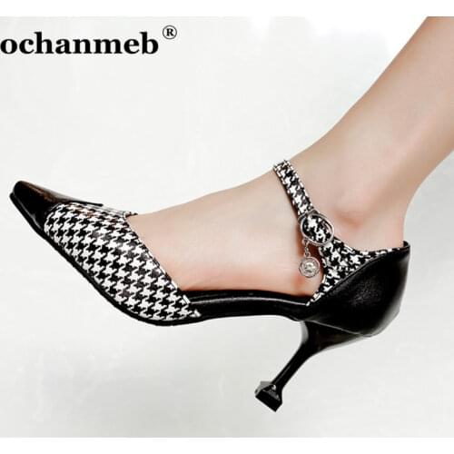 Ochanmeb chic houndstooth high quality PU leather stiletto thin high heels women pumps woman ankle strap big size 45 46 47 shoes