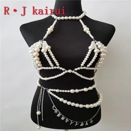New RJPE10 Asymmetrical Imitation Pearls Neck Bra Body Jewelry Unique Rhinestone Numbers Belly Chains Top Pearls Costume Jewelry
