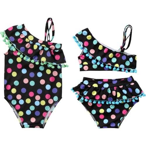 2-7Y Toddler Kids Baby Girl One Shoulder Tassel Ball Polka Dot Swimwear Beachwear Bathing Suit Swimming Costume