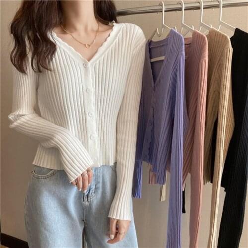 Autumn Fashion Ruffles Knit Cardigan 2021 V-Neck Long Sleeve Single Breasted Loose Solid Sweater Womens Clothing Streetwear