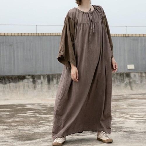 NINI WONDERLAND 2021 Autumn Patchwork Cotton Linen Loose Dress Big Size Women Bat Sleeve Travel Vintage Robe Dress Nation Style